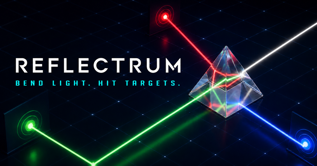 Reflectrum: Bend Light. Hit Targets. A faceted crystal routes red, green, blue, and yellow laser beams across a dark optical grid.